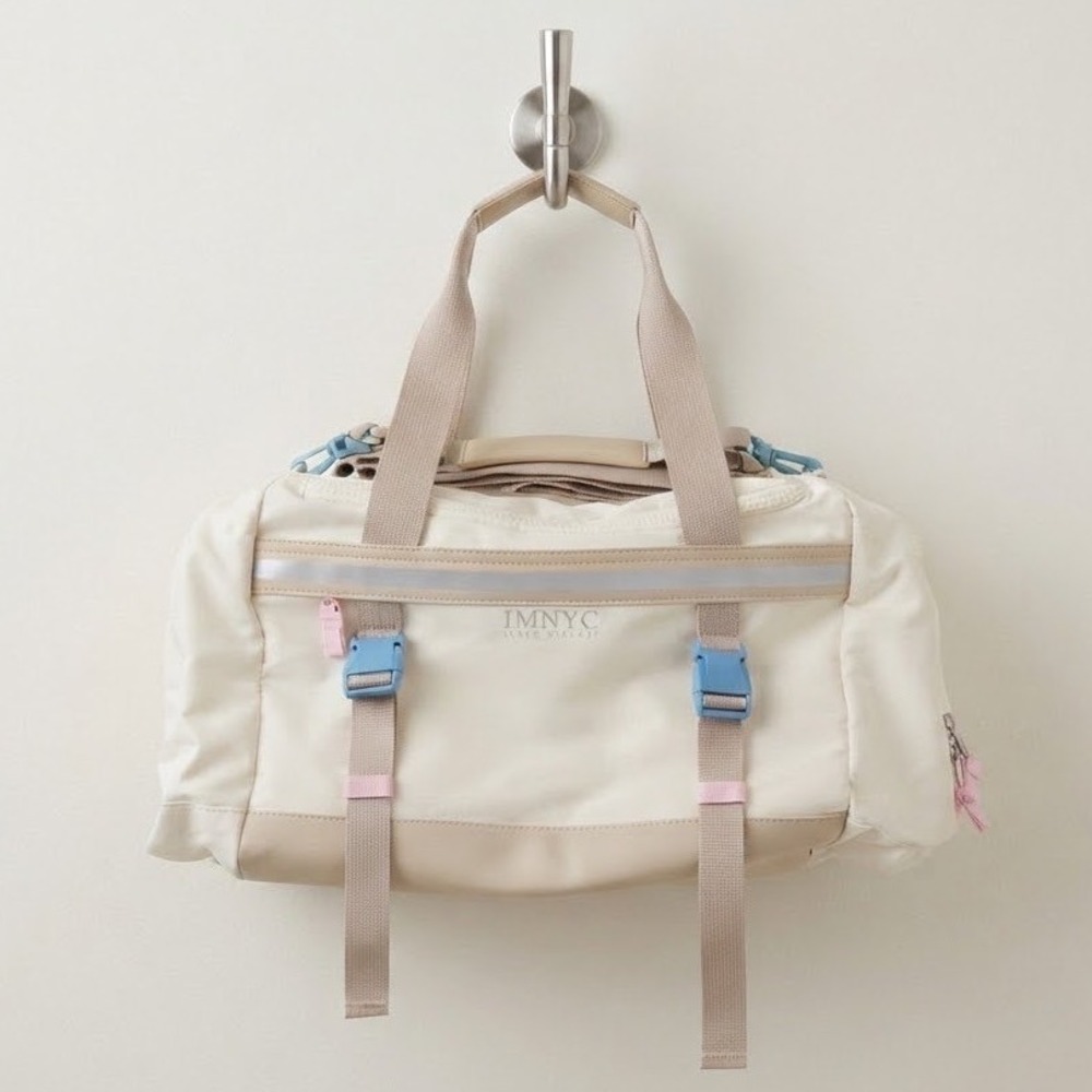 IMNYC Isaac Mizrahi Beige Nylon Duffel Bag Pink Teal Accents Weekend Gym Travel